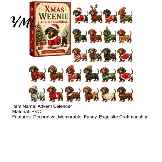 Dackel Sammelfiguren 2026 Adventskalender, 24 Tage Hunde-Überraschungen mit festlichem Weihnachtskalender Welpen Acrylfiguren für Liebhaber