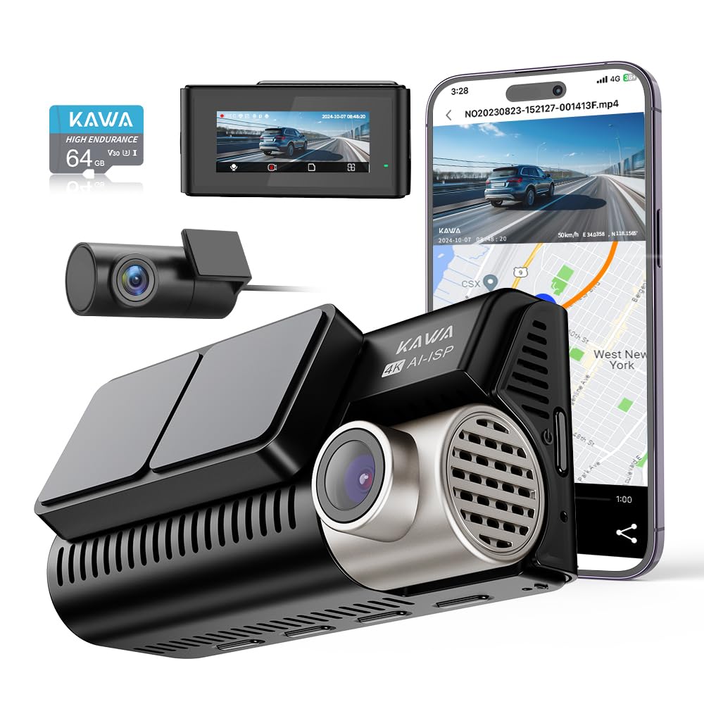 KAWA D11 Dual Dash Cam 4K Front + 1080P Rear, AI-ISP Night Vision, Wi-Fi/GPS, Voice Control, 64GB Card (for Cars)