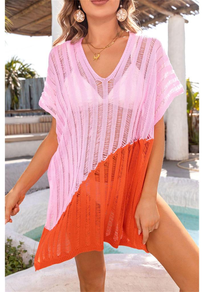 2026 Women’s Rainbow Color Block Ice Silk Beach Cover-Up Cardigan
