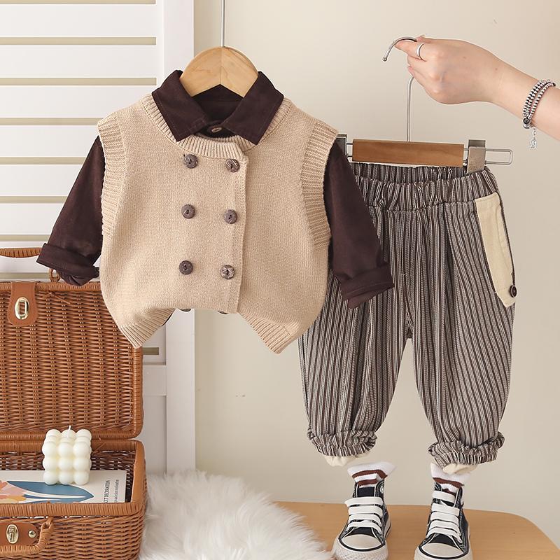 Boys' Spring and Autumn Set, Children's Double Breasted Knitted Vest, Casual Shirt, Striped Pants, 3-Piece Set