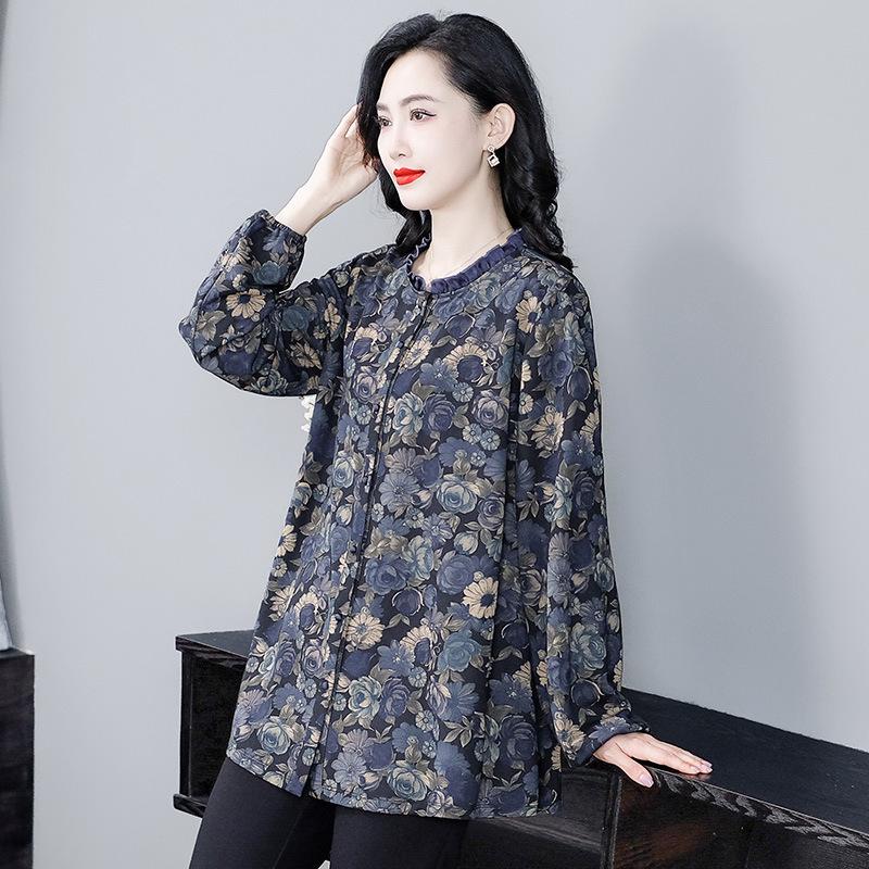 

Осенне-зимняя шифоновая драпированная роскошная приталенная блузка с длинным рукавом для полных женщин среднего возраста 6XL (Recommended 200-240 jin)