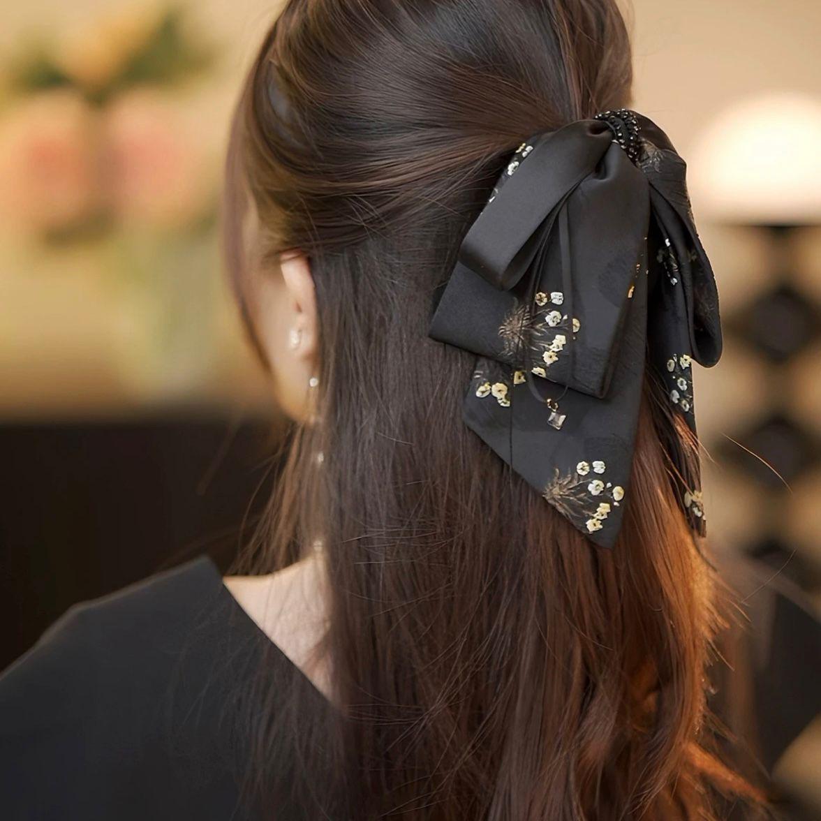 

2025 Роскошная атласная заколка-бант для волос - Аксессуар для головного убора в китайском стиле чёрный