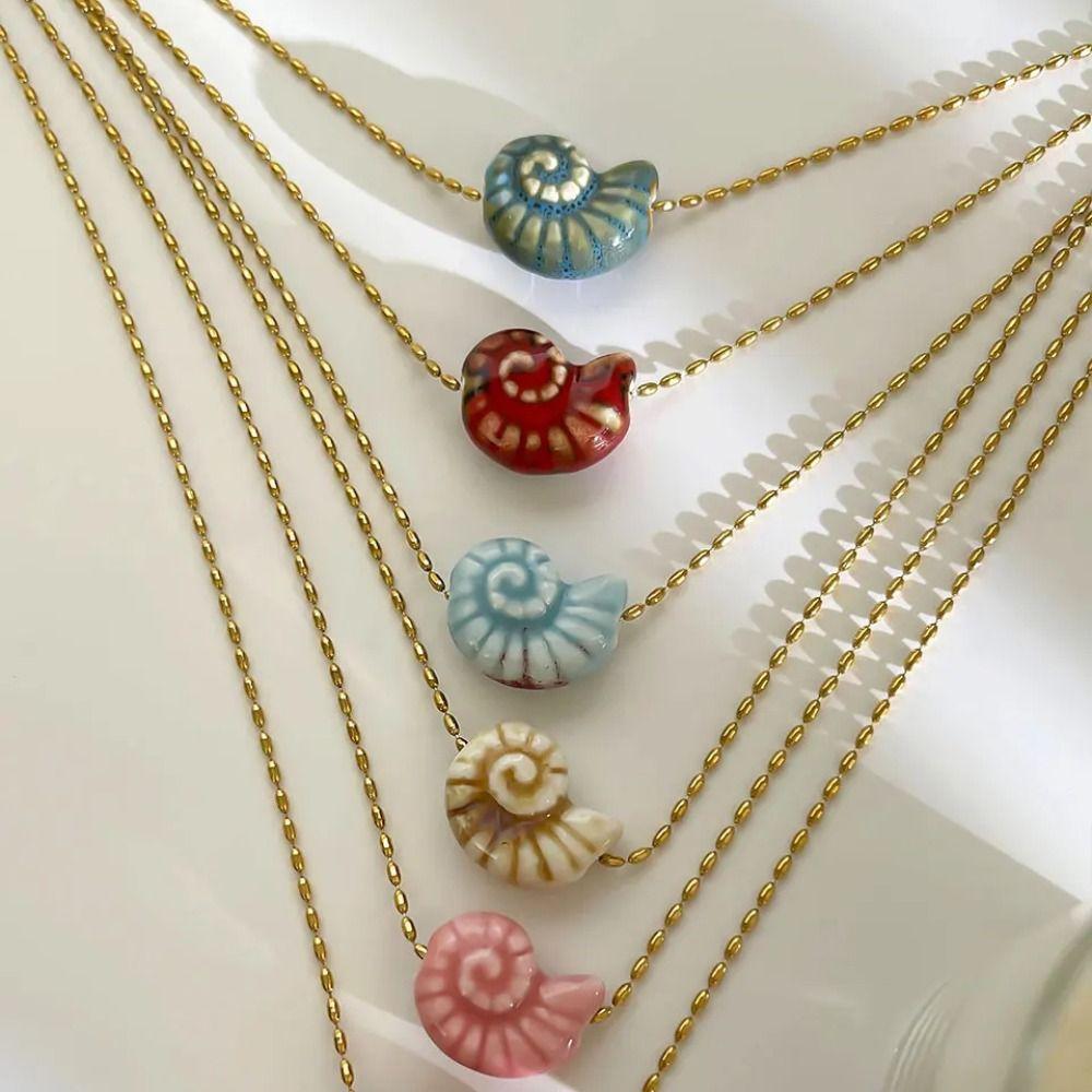 Ceramic Conch Pendant Necklace Stainless Steel Chain Collarbone Chain Fashion Conch Necklace  Women