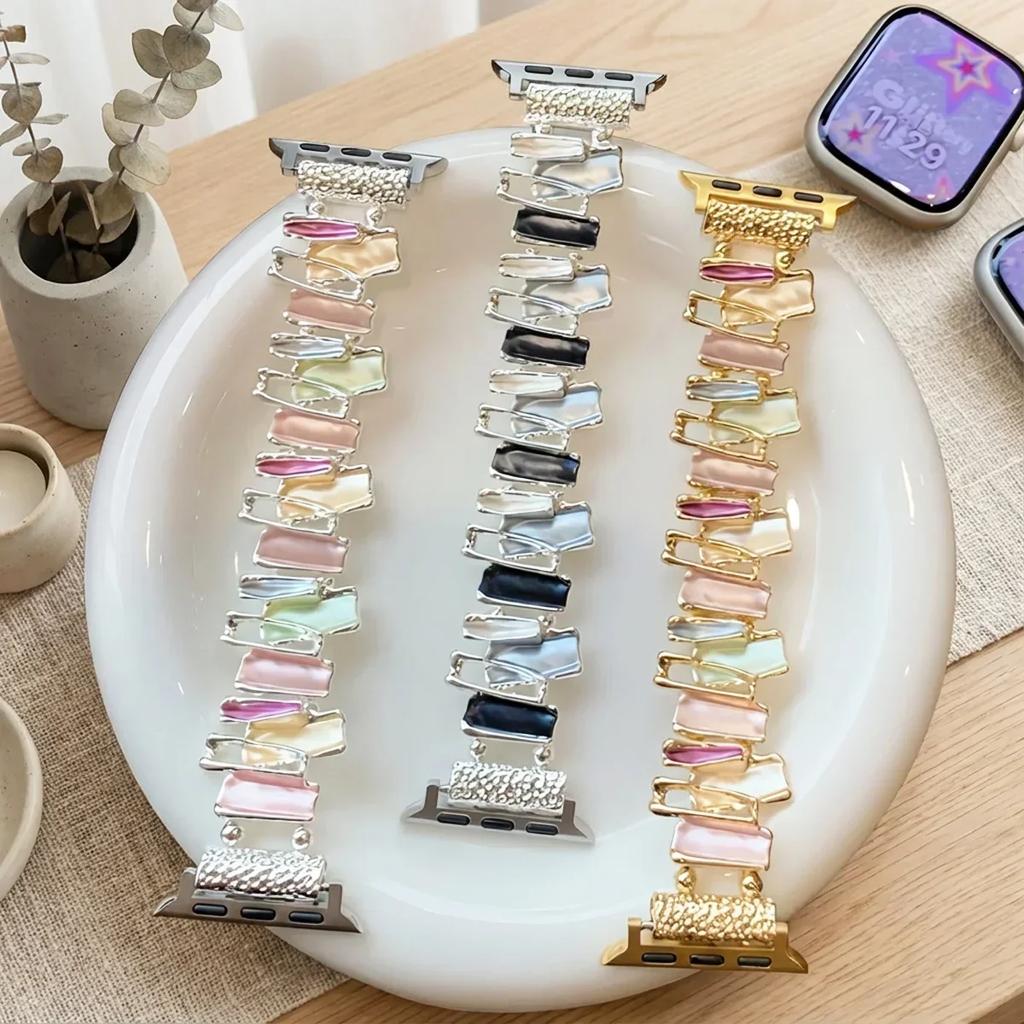 For Apple Watch band Series Ultra 11/10/9/8/7/6/5/4/3/2/1 SE 40/42/46/45/44mmBracelet Stylish Stone Metal Link Elastic Watchband
