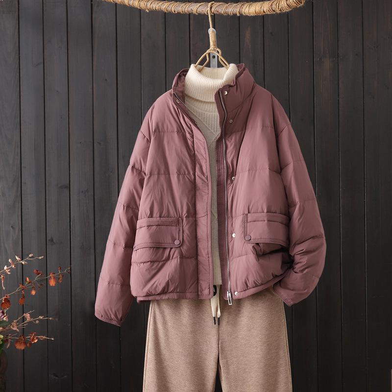 2024 Women's Petite Korean Style Lightweight White Duck Down Jacket with Stand Collar