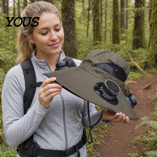 Solar Cooling Hat Sun with Detachable Fan Design, 4 Fans UPF 50+ Bucket Hat, Outdoor Adjustable Fit Built-in Panels And Type-C Charging Hiking Cap