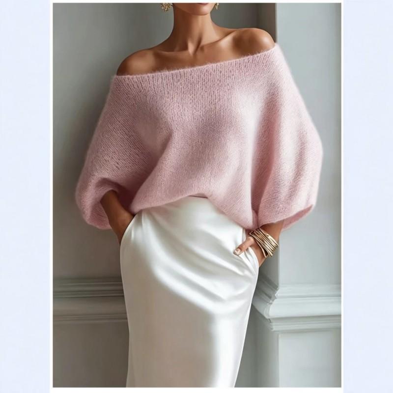 Womens Off-Shoulder Boat Neck Loose Batwing Sleeve Knit Sweater Soft Comfortable Casual Top