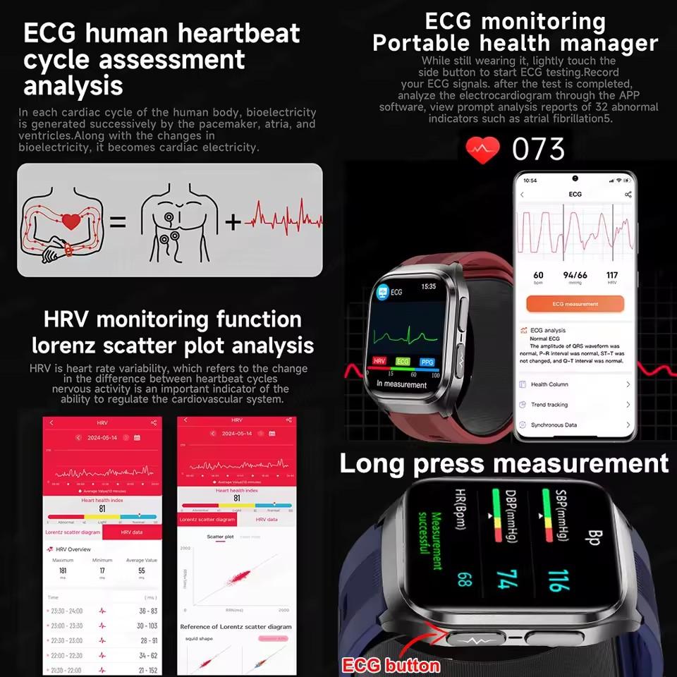 2026 New Men Airbag Air Pump ECG Blood Pressure Uric Acid Blood Fat Temp Health Monitor Bluetooth Call 2.06-inch AMOLED Smart Watch