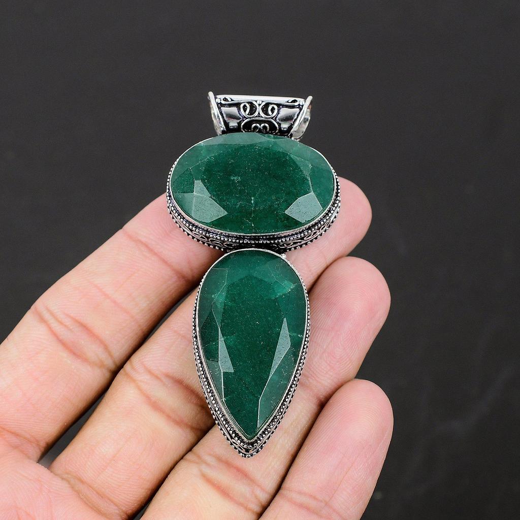 Colgante de plata de ley 925 hecho a mano con piedras preciosas de esmeralda, colgante de piedras preciosas de esmeralda doble, collar, regalos para mujeres
