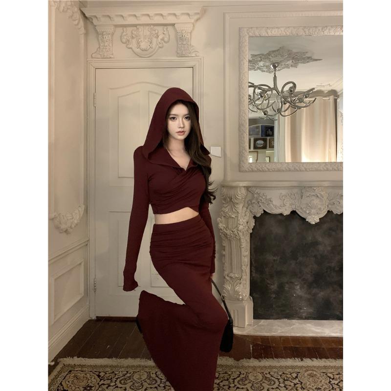 Fashion Elegant Long Sleeve Hoodie Top and High-waisted Fishtail Hip Skirt Suit for Women Spring Autumn Casual Slim Fit Simple Clothes Outfits 2845
