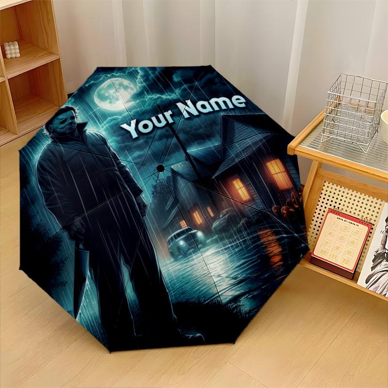 Custom Text Automatic 8 Bone Umbrella, Portable Sun Rain Protection UmbrellaHalloween Michael Myers