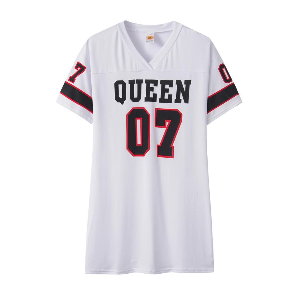 V-Neck Queen Letters Print Dress Short Sleeve Basketball Sporty Style Long T-shirt Sexy Loose Female Clothing Streetwear