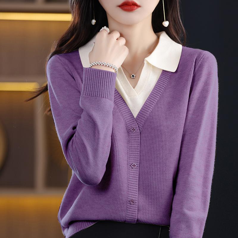 Autumn Tops Women's Fashion Shirt Sweater Women Loose Thin Lapel Knitted Bottom Shirt