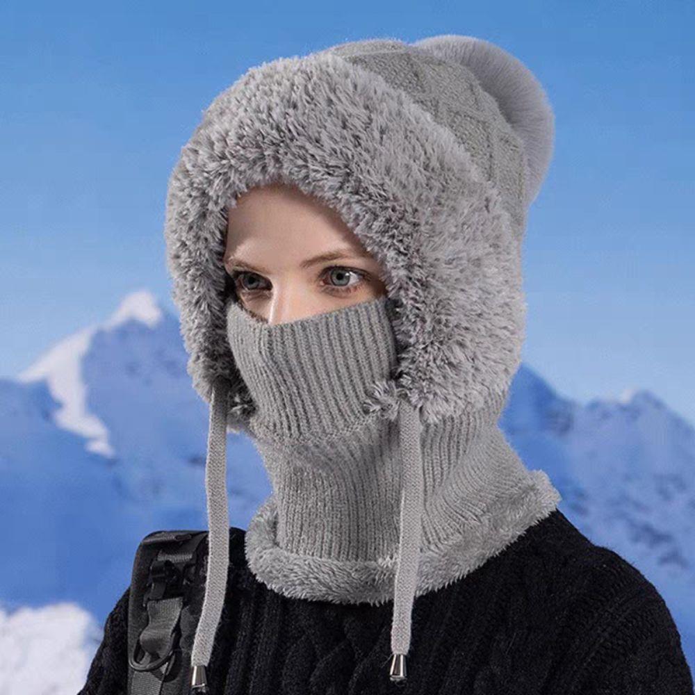 Women Winter Balaclava Hat Mask Neck Integrated Ear Protection Knitted Wool Hooded Cap Fleece Lined Windproof Wool Knit Ski Cap