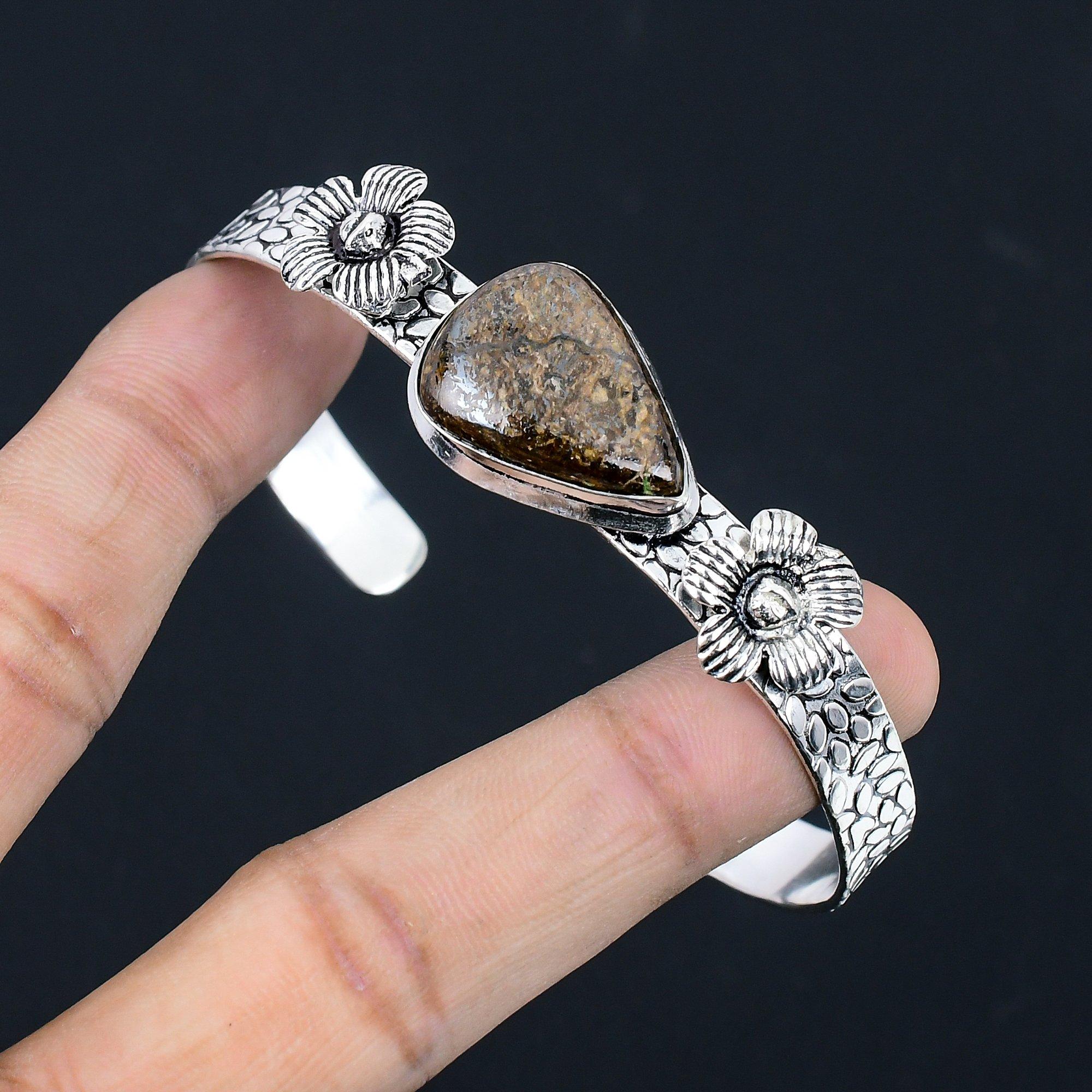 

Friendship Day Sale Bronzite Gemstone Flower Bangle Bracelet 925 Sterling Silver Adjustable