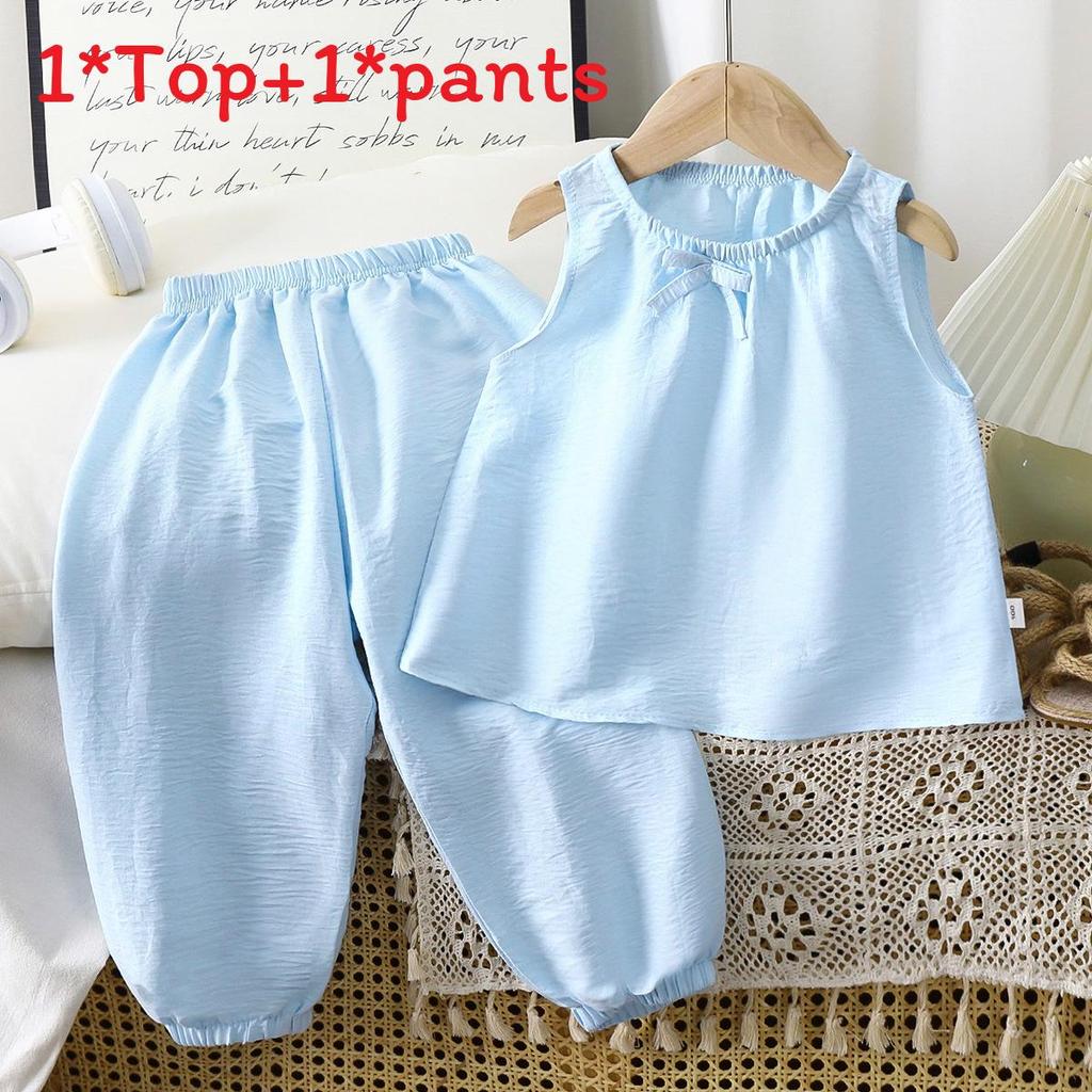 Girl Toddler Sleeveless Long Pants Set Summer Girls Cotton Blend Casual Lounge Wear For Kids
