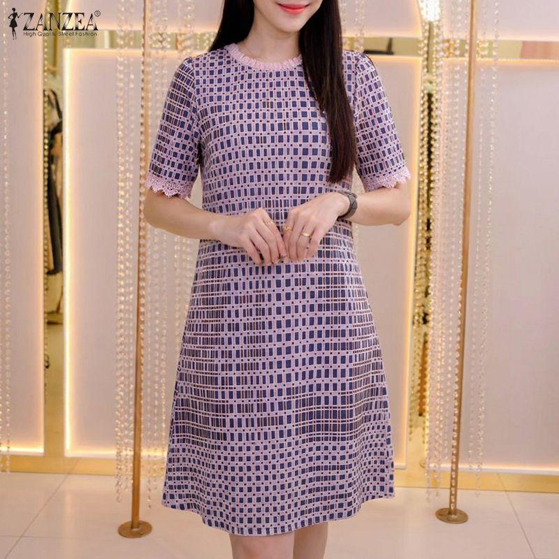 ZANZEA Women Casual Round Neck Short Sleeve Print Dress