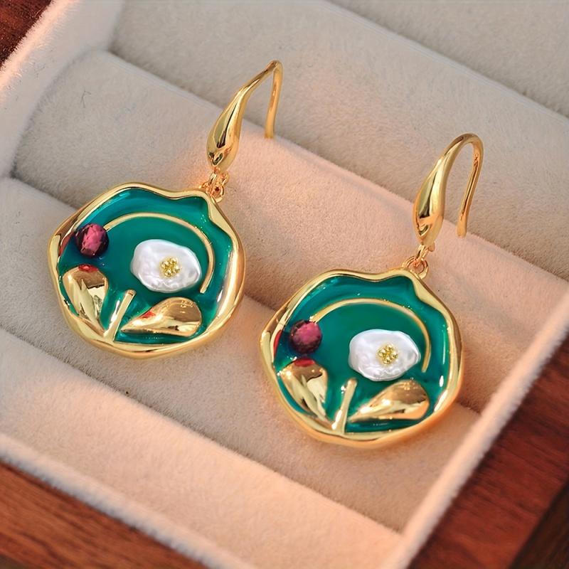 

CAOSHI Aesthetic Flower Imitation Pearl Green Enamel Dangle Earrings for Women Temperament Vintage Style Fashion Party Zircon