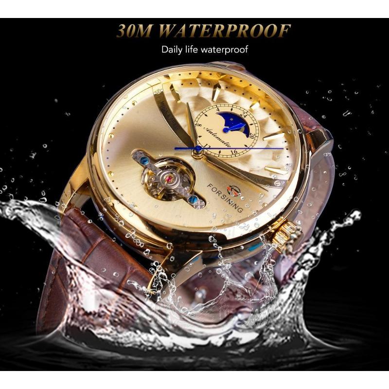 Forsining Luxury Automatic Mechanical Watches Mens Sun Moon Phase Tourbillon Watch Waterproof Men Wristwatch