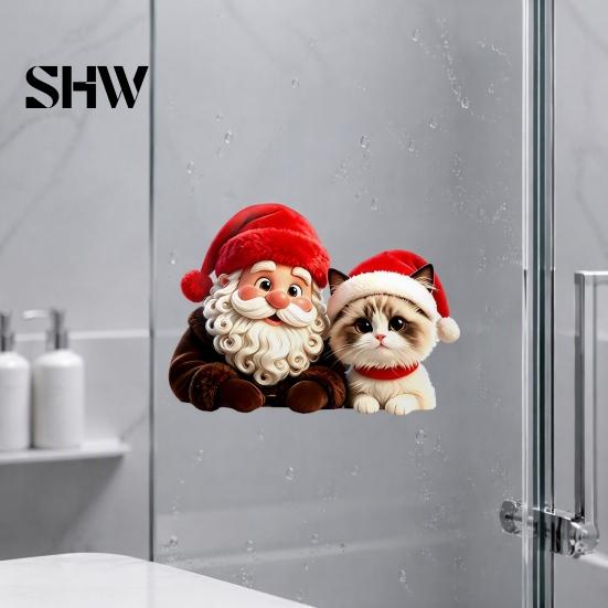 Festive Window Art for Holidays Christmas Santa Claus & Cat Static Clings, PVC Waterproof Glass Stickers, Seasonal Home Decor Windows Decorative