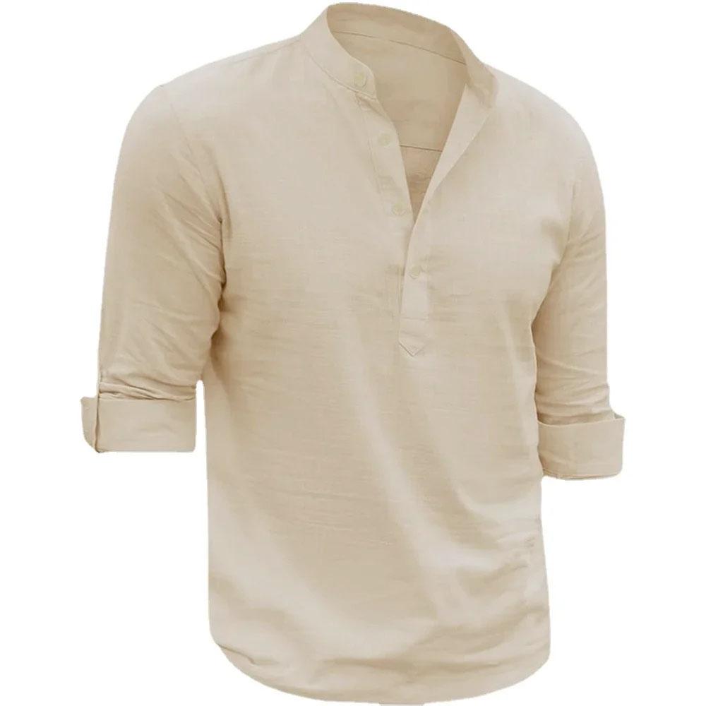 Pánské košile s henley límečkem, měkké, ležérní jarní oblečení, jednobarevné, s dlouhým rukávem, bavlněná lněná halenka, plážový styl, knoflíkové topy