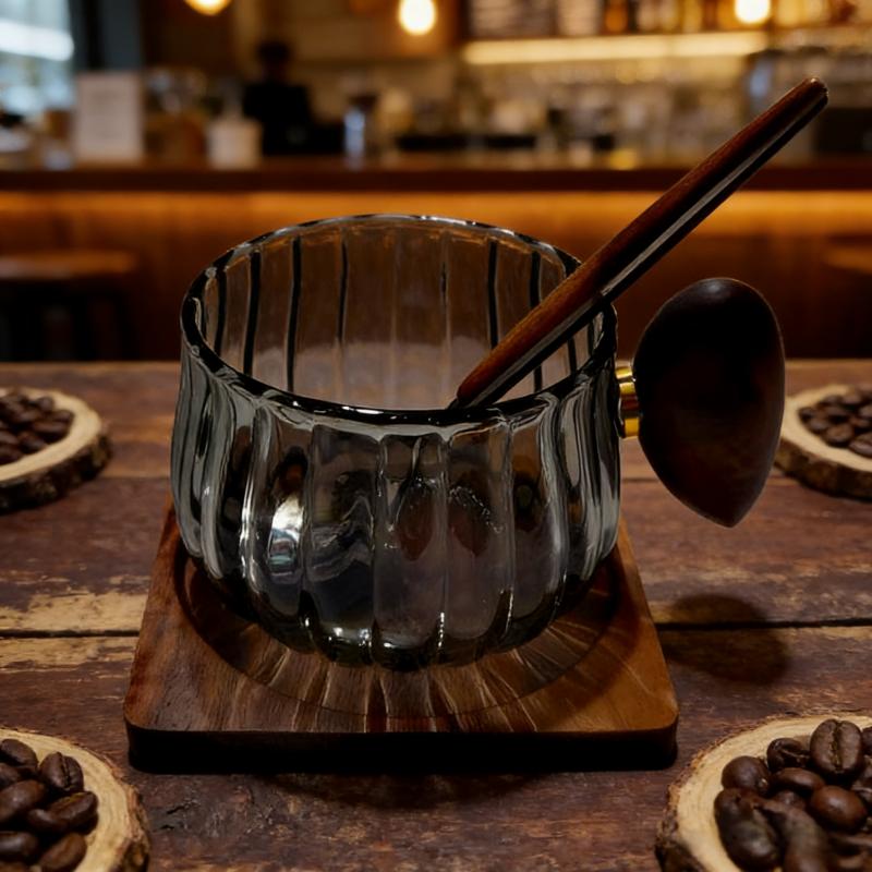 200ml Vintage Striped Glass Coffee Cup with Wooden Handle and Coaster | Aesthetic Coffee Shop Style Mug for Home & Cafe