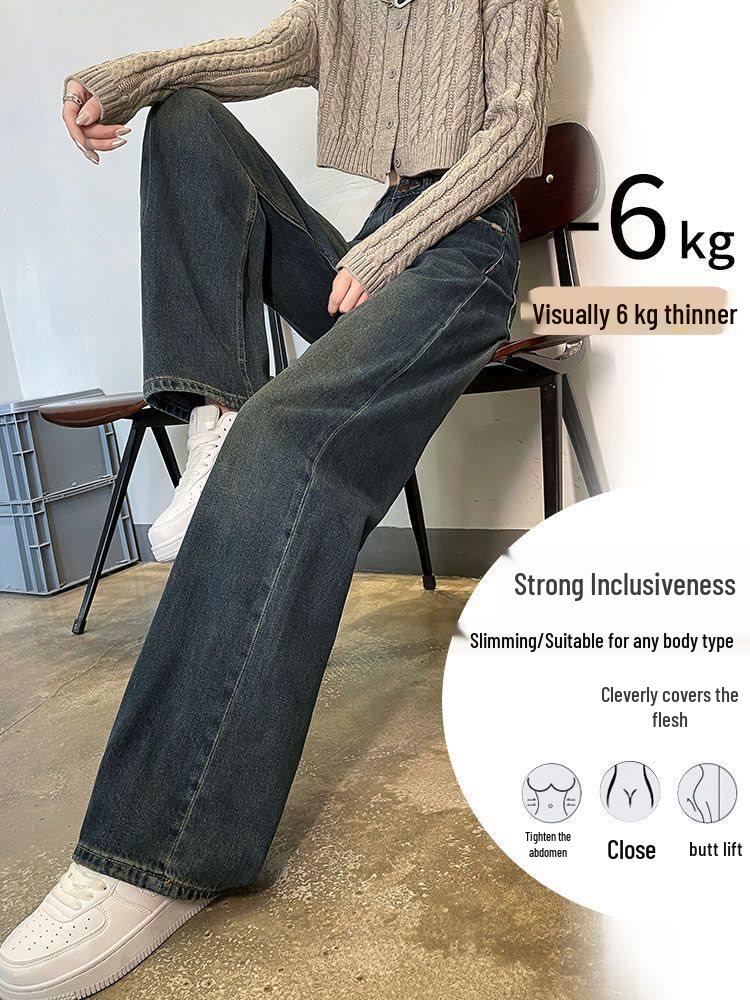Retro Cement Gray High Waist Plus Size Ripped Slimming Straight-Leg Trousers for Spring and Autumn