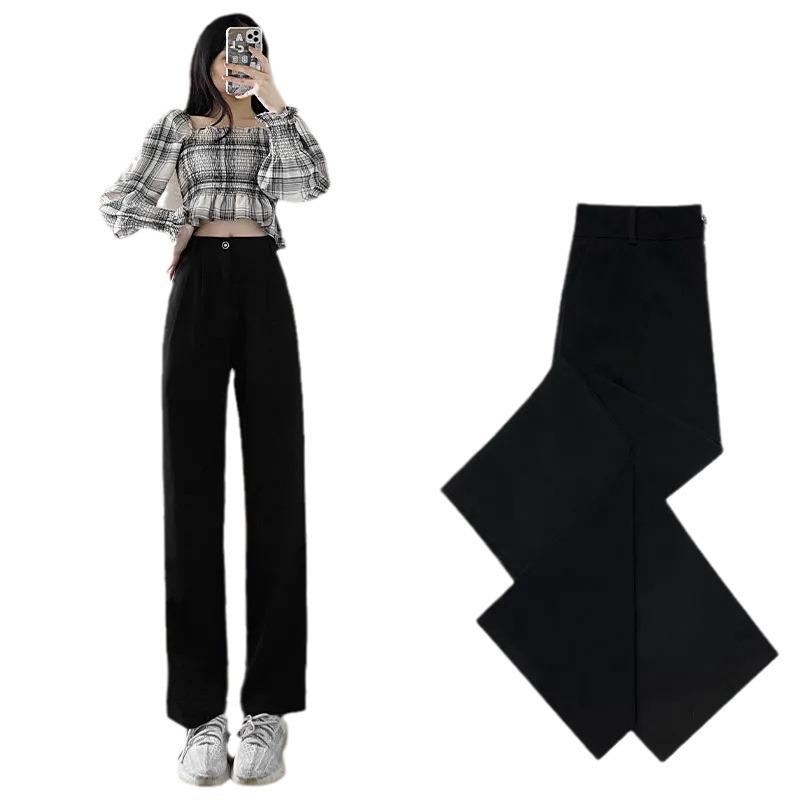 Women's Summer Wide-Leg Drape Pants - Black Straight Trousers