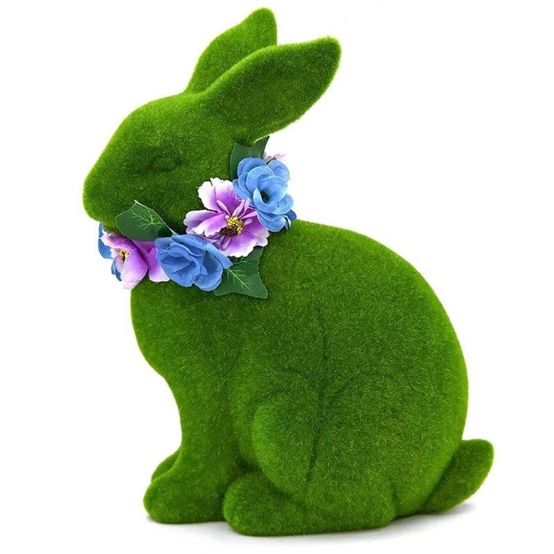 

CYCLI-Outdoor Easter Bunny For Yard Garden Lawn Porch Door 3D Green Resin Bunny Statue Holiday Supplies Wearing Floral Wreath зелёный