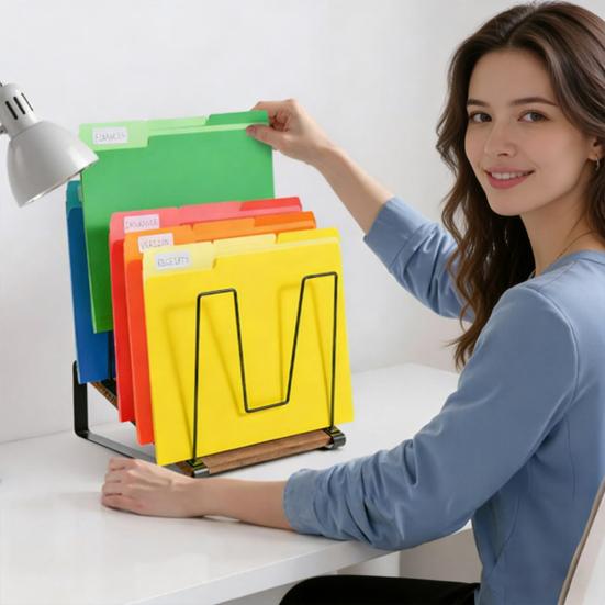 Inclined Desk File Organizer 5-Section Vertical File Folder Holder Stand Office Classroom Home Workspace Metal File Sorter Rack with Wooden Base