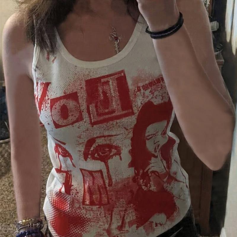 Y2K Women's Summer Sleeveless Short Casual Round Neck Slim Fit Portrait Printed I-shaped Vest