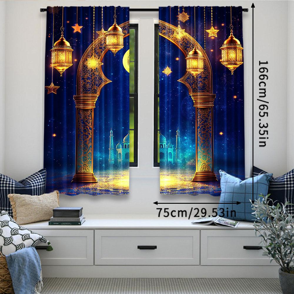 2Pcs Curtain Islamic Traditional Lanterns Backdrop Golden Dome Profile Moon Stars Decor For Living Room Bedroom