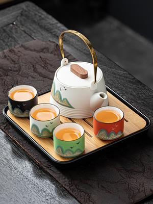 Japanese-style Distant Mountain Travel Kung Fu Tea Set, One Pot and Four Cups of Simple Filter Teapot, Portable Bag, Small Set