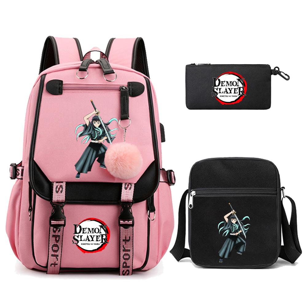 3Pcs/set Cartoon Demon Slayer Printed Backpack with Shoulder Bag for Teenager Student Girl Boy Bookbag Large Capacity Travel Bag