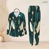 Women Plus Size Black Brown Printed Nurse Scrub Set V Neck Long Sleeve Top With Pockets And Long Pants