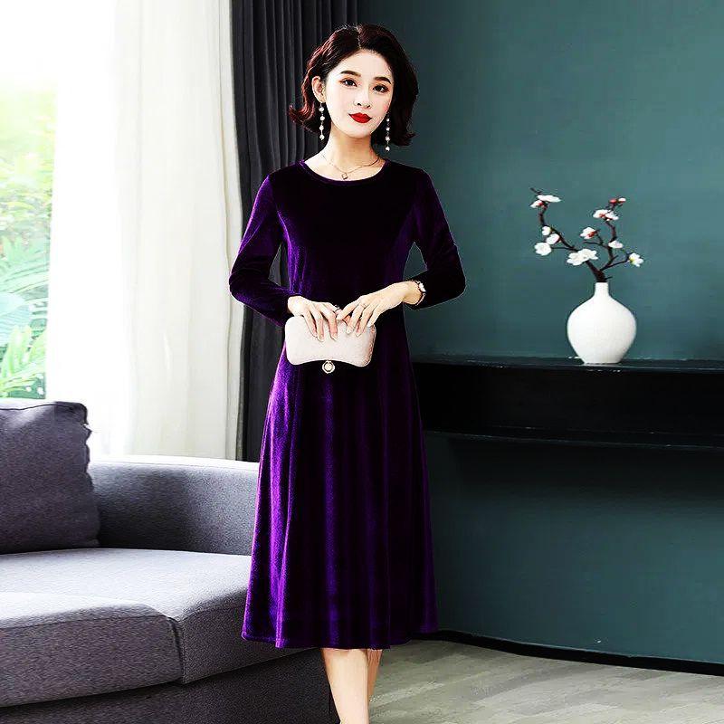 Damen Rundhals Langarm Einfarbig Samt Maxikleid Hohe Taille A-Linie Elegant Winter Formell Abendkleid