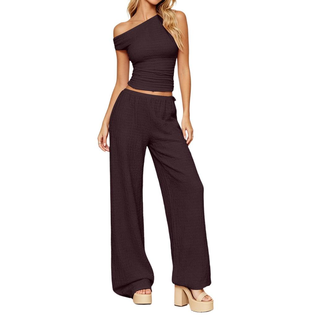 Damen Sommer Zweiteiler Ein Schulter Kurzarm Top Hohe Taille Weite Hosen Freizeit Outfit