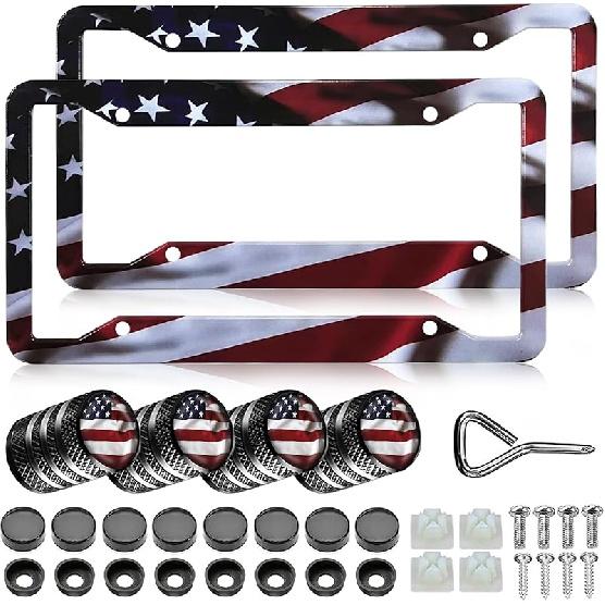 American Flag Eagle License Plate Frames - 2 Pack Front Rear Patriotic Matte Gloss Stars Stripe US Flag Stainless Steel Rust-Proof Waterproof Car Tag American Flag A
