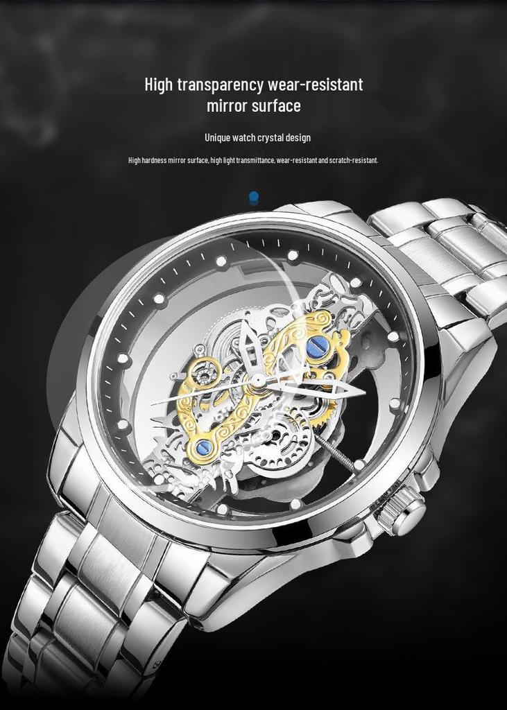 Jindun Double-Sided Transparent Hollow Waterproof Luminous Men's Quartz Watch