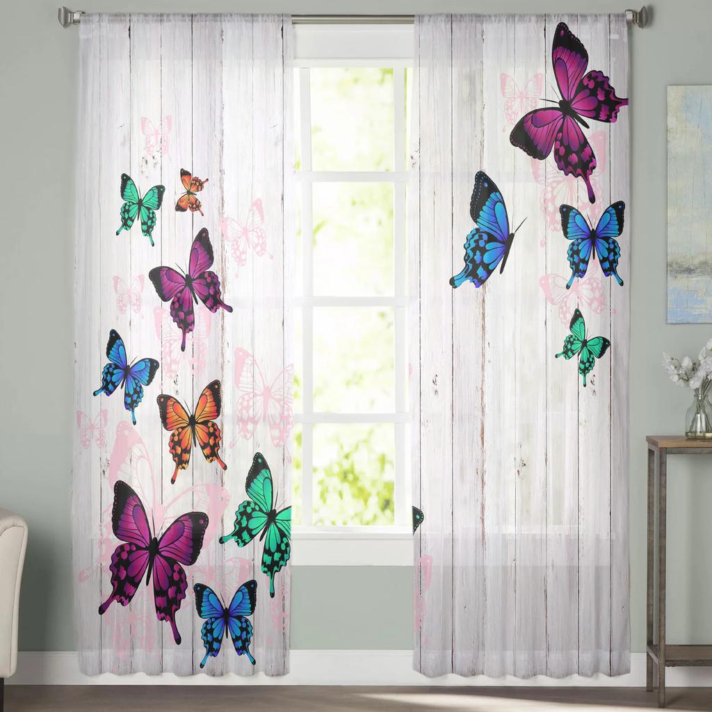 Wood Grain Retro Colorful Butterfly Chiffon Curtains Living Room Bedroom Home Decoration Window Voiles Tulle Curtain Light Filtering Polyester