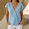 Women's V Neck Cap Sleeve Blouse Regular Fit Single Button Wrap Front Solid Linen Casual Top