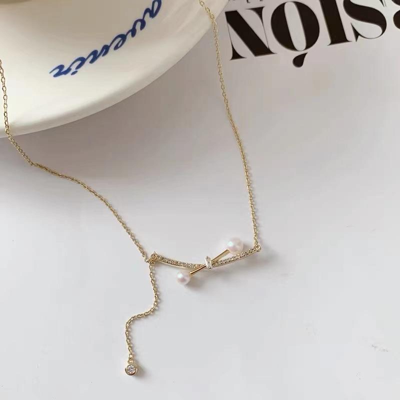 Cross Pearl Necklace Y-Shaped Pendant Chain Adjustable Length Delicate Design Lightweight Jewelry for Women and Girls Silver Tone