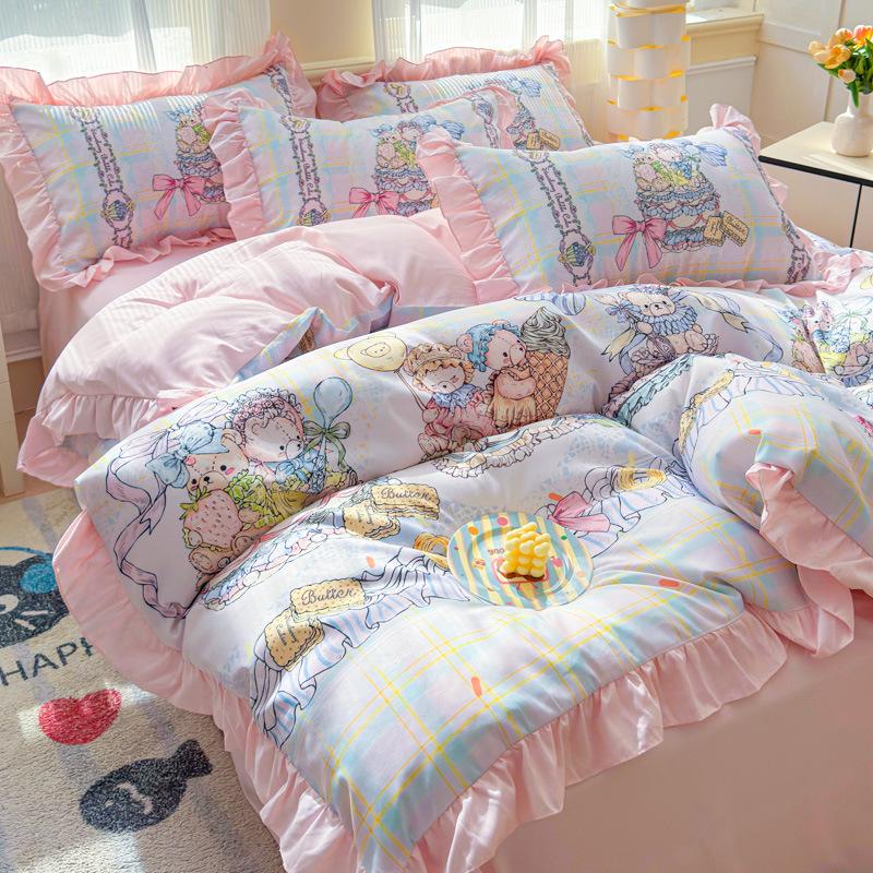 Cartoon Bear Lace Brushed Skin-Friendly Bedding Set - Duvet Cover & Bed Sheet Single Duvet Cover 1.5×2m