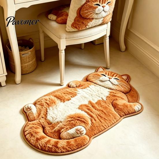 Pet Themed Home Decor Realistic 3D Sleeping Cat Plush Rug, Soft Imitation Cashmere Bath Rug Absorbent Floor Mat, Non-slip Decorative Carpet