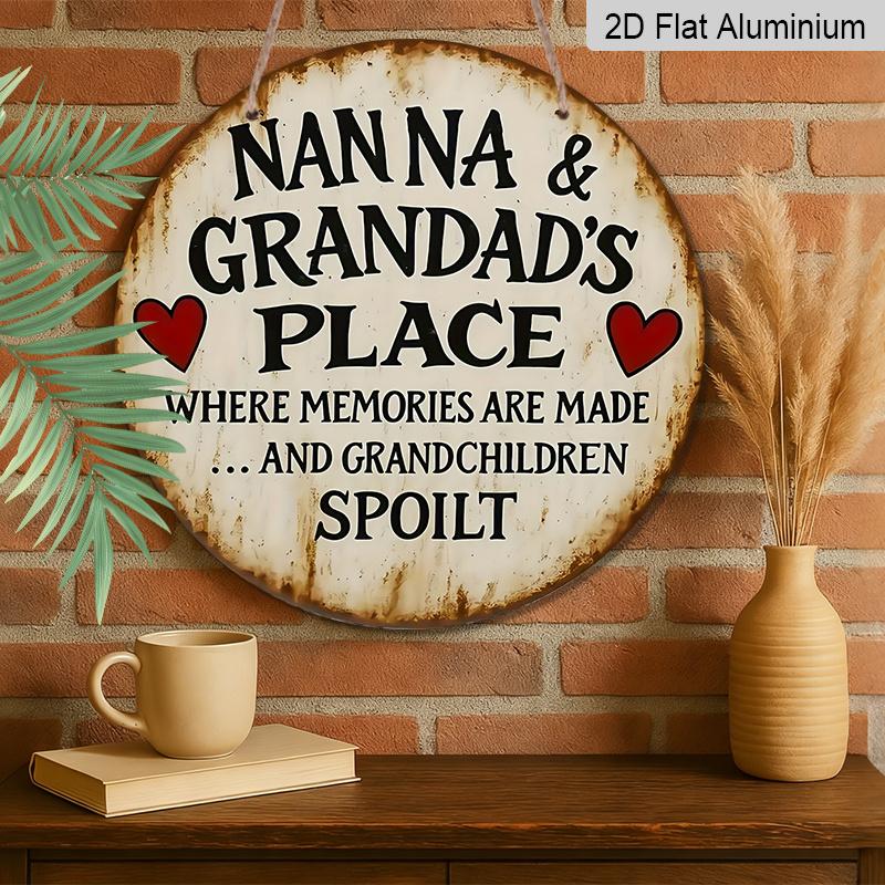 2D Flat, 1pc "Nanna And Grandad" Grandparents Home Round Aluminum Sign, Retro Warm Commemorative Round Sign, Grandparent-Grandchild Memories Theme