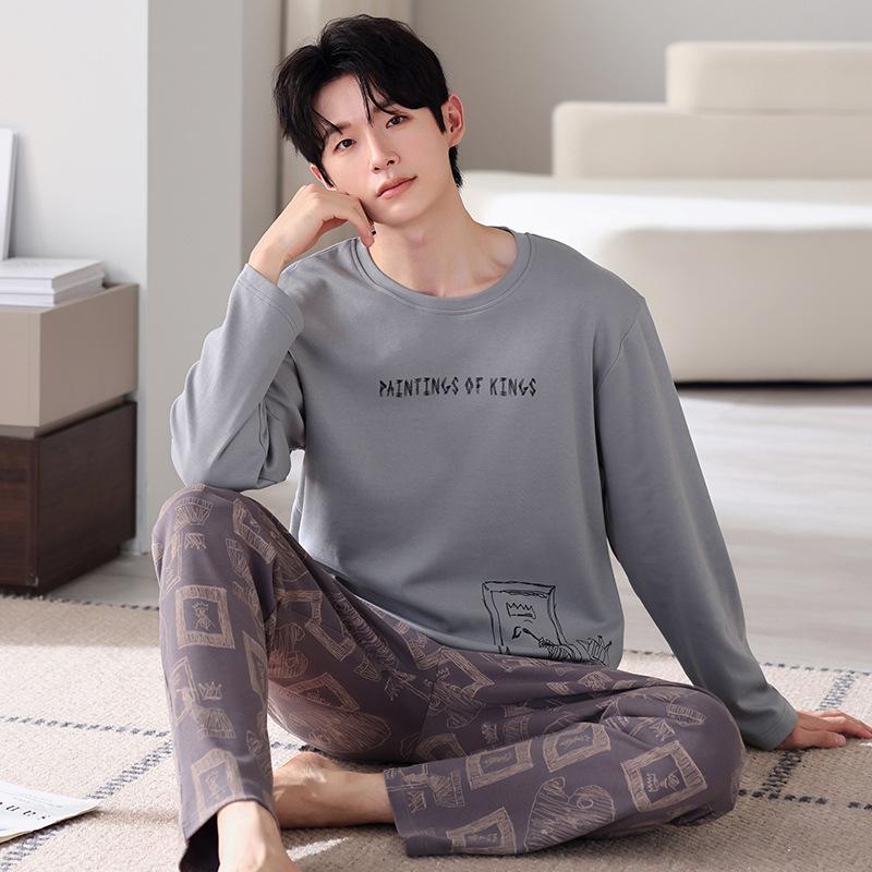 

Пижама из чистого хлопка мужская весенне-осенняя большого размера хлопковый костюм с длинными рукавами можно носить как мужскую домашнюю одежду 4XL