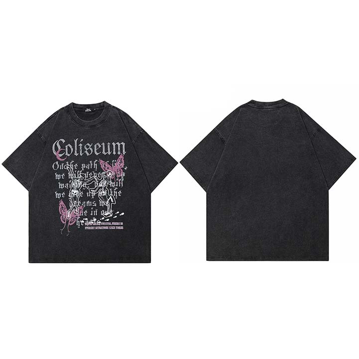 Hip Hop Washed Black TShirt Streetwear Graphic Dancing Skeleton Butterfly T Shirt Cotton Unisex Tshirt Men Tops Tees YK M