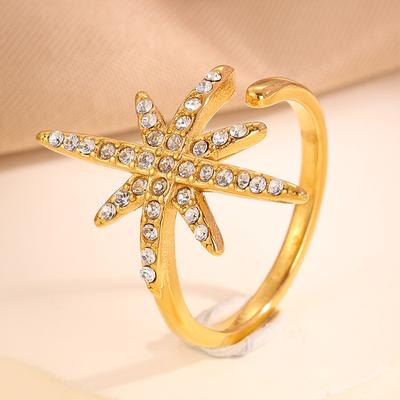 Fashionable and Versatile Six-pointed Star Gold Diamond-set Open Titanium Steel Ring for Women, Suitable for Slender Fingers.