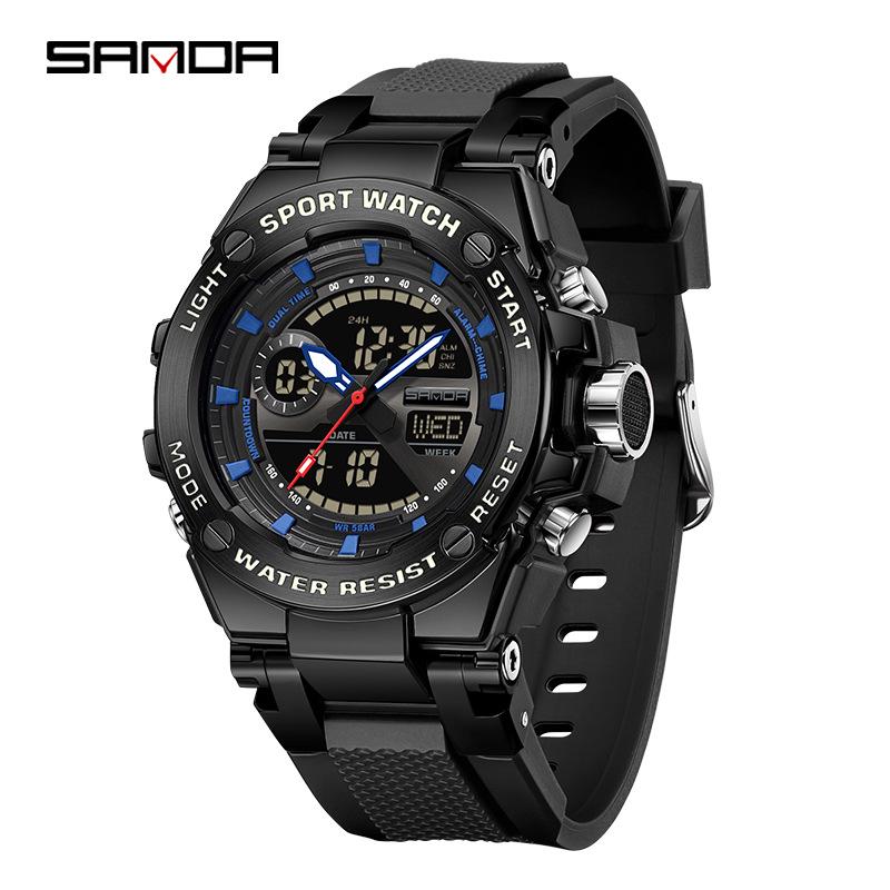 Sanda Dual-Display Leuchtende Wasserdichte Schüleruhr mit 3 Zeitzonen.