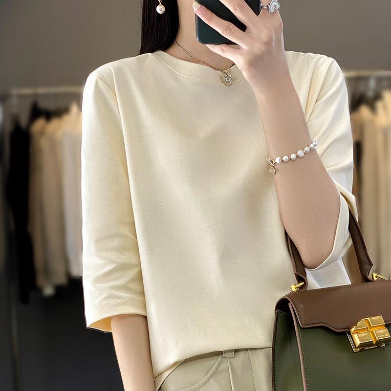 Mercerized Cropped Sleeve Female Spring and Summer Round Neck Loose Short Sleeve Bottoming T-Shirt